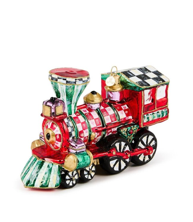 MACKENZIE CHILDS Check It Out Train Glass Ornament