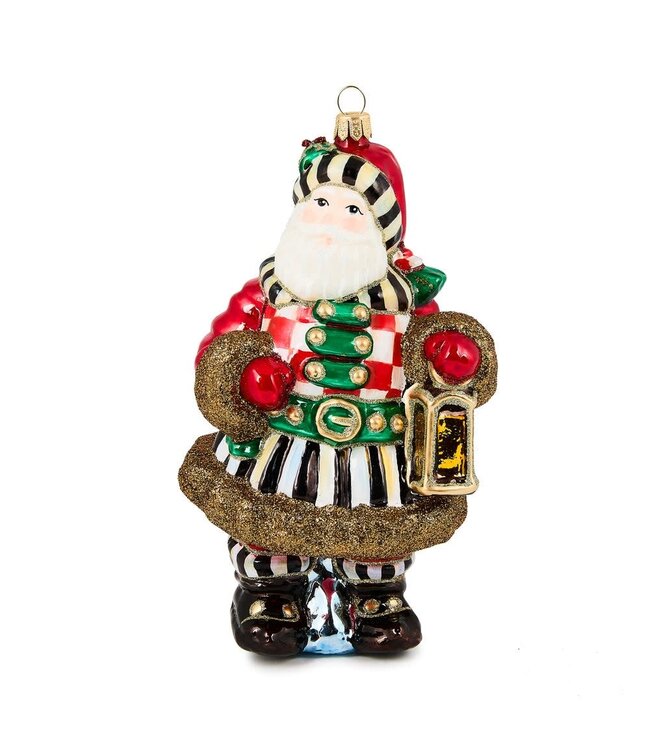 MACKENZIE CHILDS Check It Out Town Crier Santa Glass Ornament