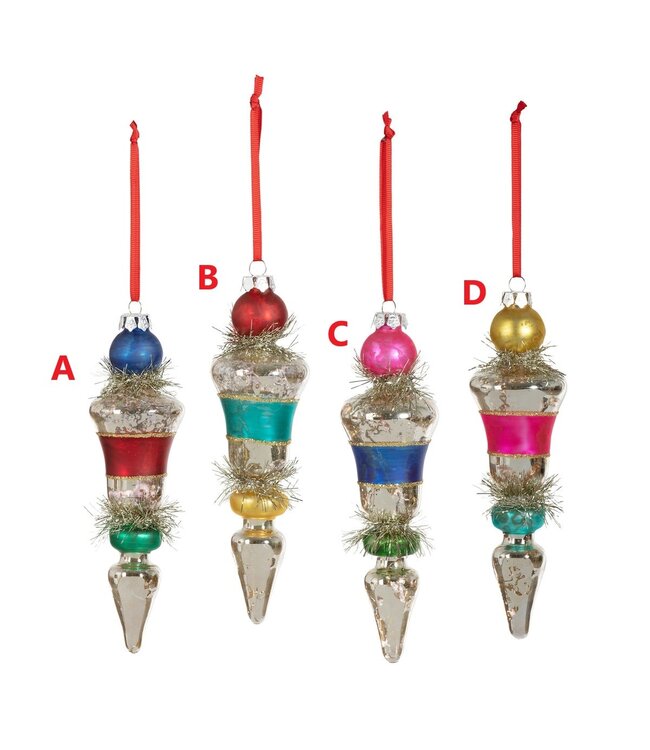 Retro Stripe and Tinsel Finial Ornament - Sold Individually
