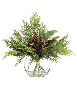 16" Pine Cone/Magnolia Leaf/Pine in Glass Vase Green Brown