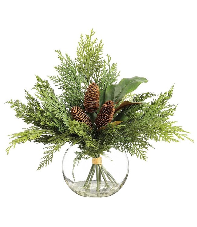 16" Pine Cone/Magnolia Leaf/Pine in Glass Vase Green Brown
