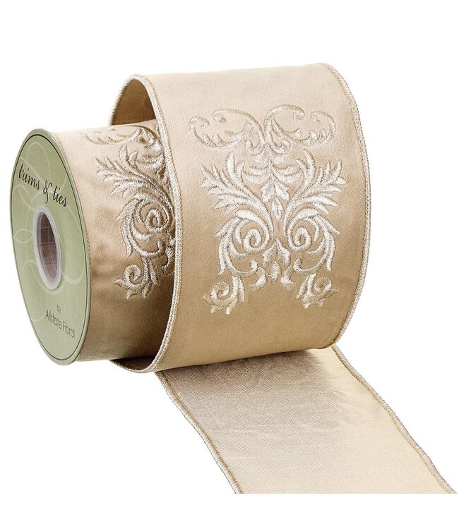 4"Wx5yd Embroidered Damask Velvet Ribbon Gold