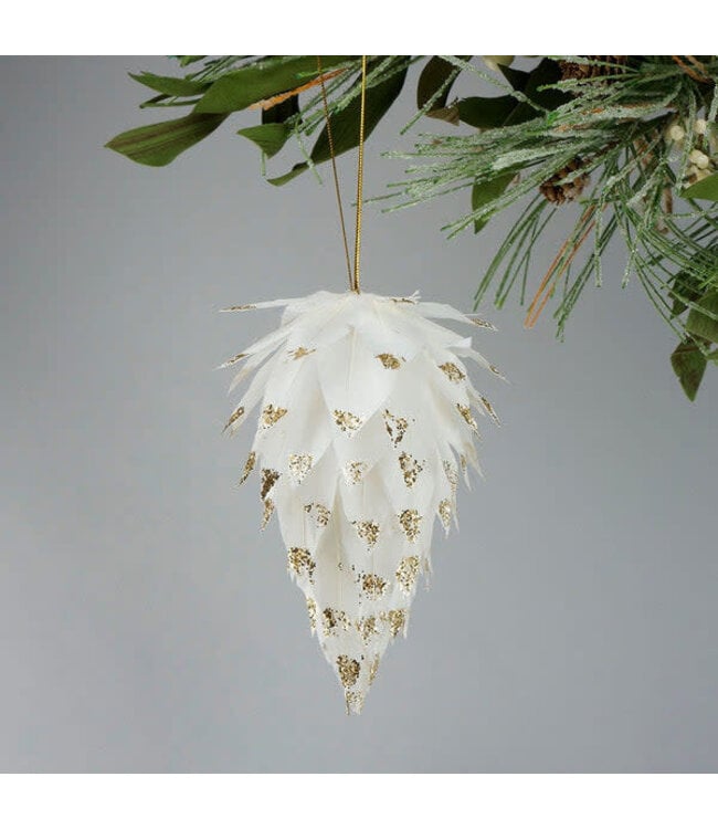 Pine Cone Ornament White With Gold Glitter