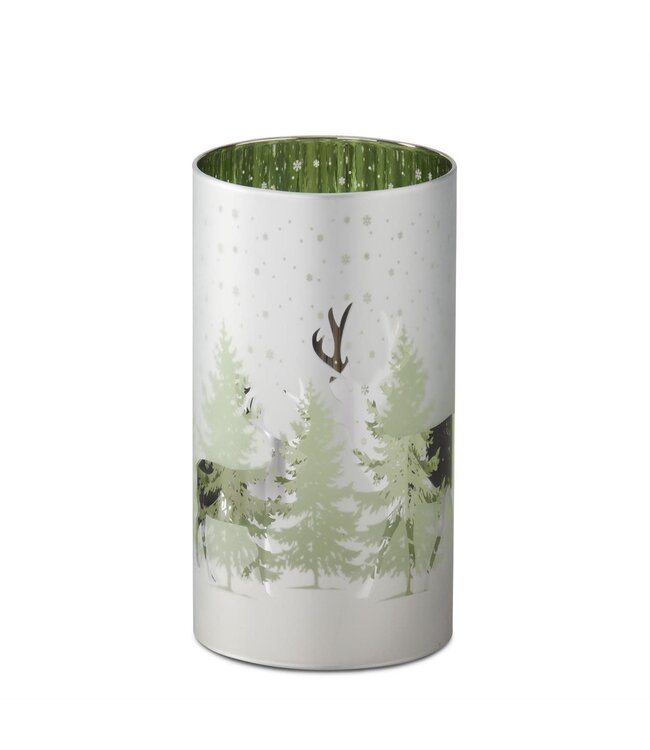 7.75 Inch White & Green Frosted Glass Deer Winter Scene Candle Slip Cover