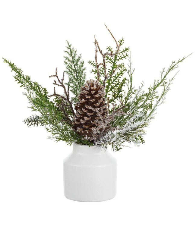 13" Iced Pine Cone/Pine in Ceramic Vase Brown Green