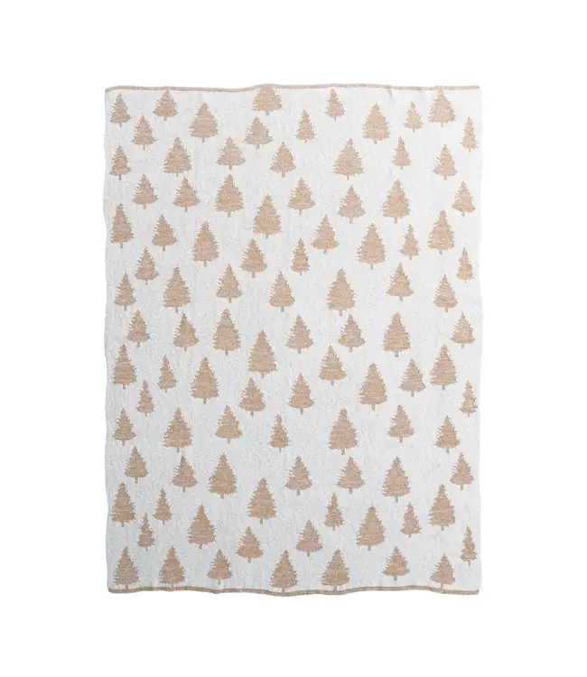 Cotton Knit Throw with Trees & Metallic Gold Thread - Cream