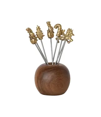 Mango Wood Holder With Appetizer Picks - Sold as Set