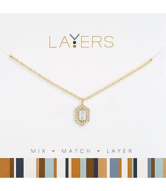 Gold Hexagon CZ Pendant Layers Necklace