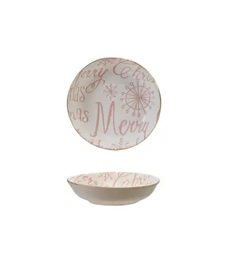 Stoneware Dish With Gold Color Rim "Merry Christmas" - Pink & White