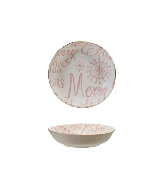 Stoneware Dish With Gold Color Rim "Merry Christmas" - Pink & White