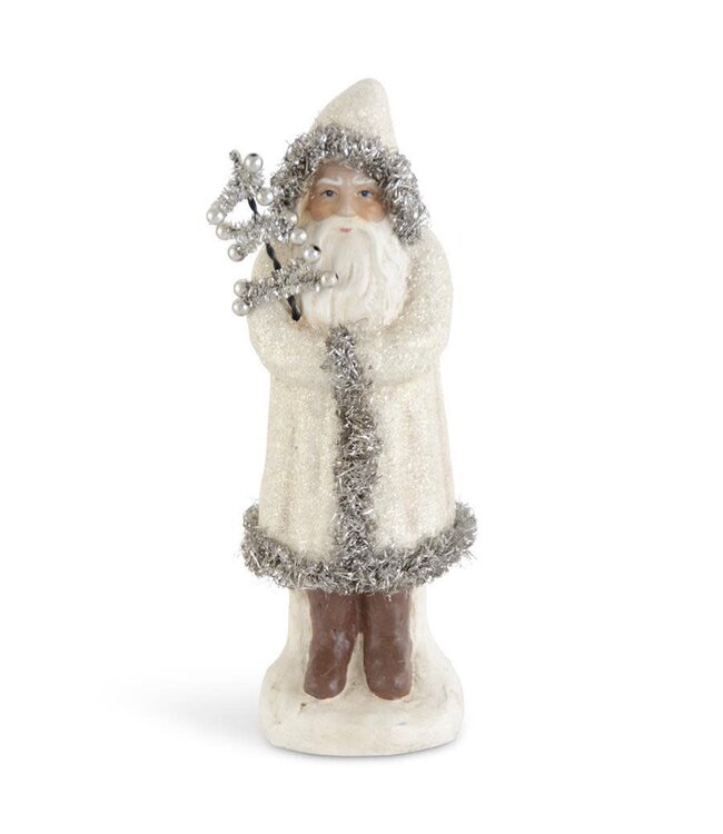 12 Inch Cream Glittered Santa Trimmed in Silver Tinsel