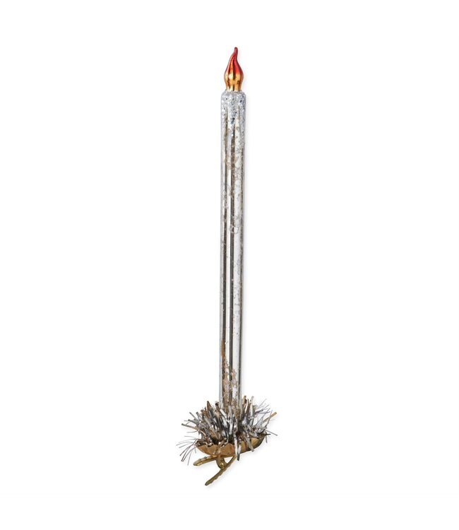 10 Inch Silver Glass Taper Candle Ornament w/Branch Clip