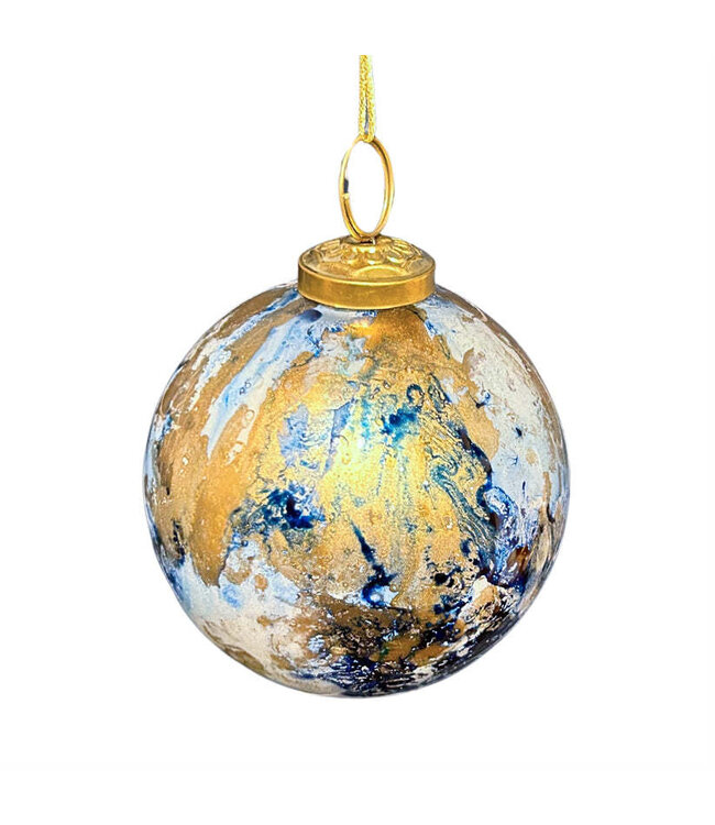 6" Blue/Gold Watercolor Glass Ball Ornament
