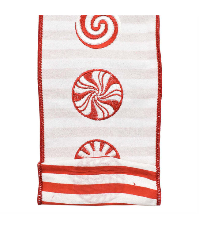 4” x 10yd Peppermint Swirl Candy Ribbon w/ Striped backing - Red/White