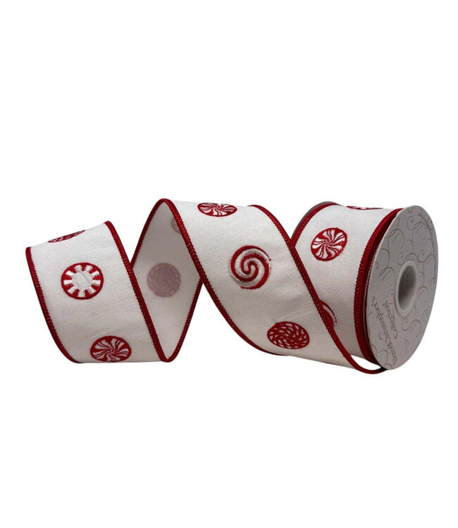 2.5” x 10yd Peppermint Candy Faux Dupioni Red/White Ribbon
