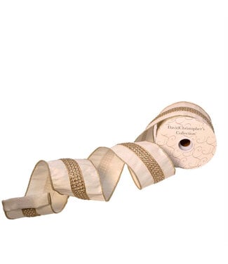 4” x 10yd Faux Dupioni w/ Rhinestone Center Stripe Ribbon - Ivory