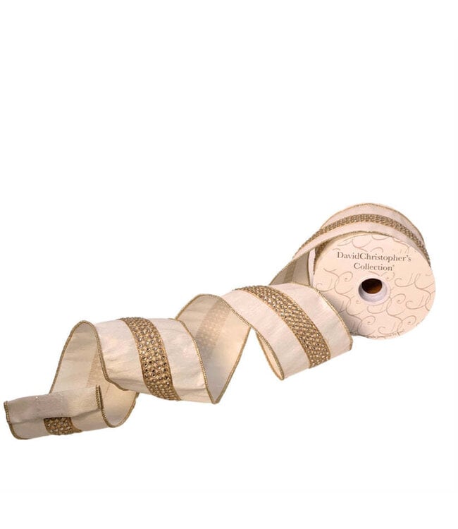 4” x 10yd Faux Dupioni w/ Rhinestone Center Stripe Ribbon - Ivory