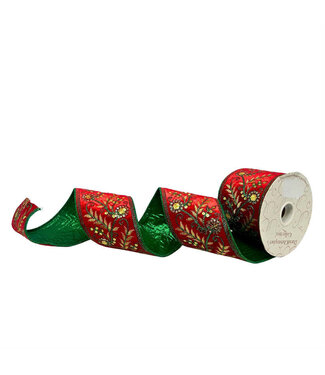 4” x 10yd Green Fern Embroidery w/ Gold Sequins on Red Velvet Ribbon
