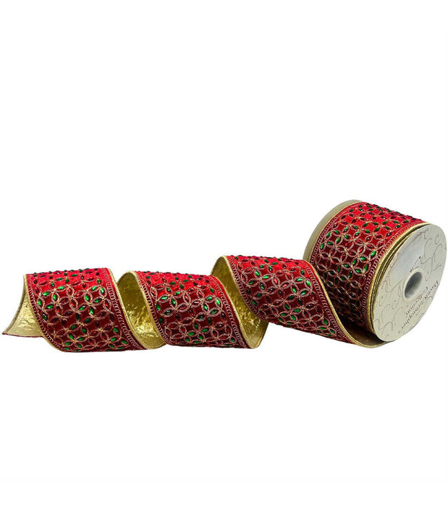 4" x 10yd Heavy Jewel Embroidery Red/Green/Gold Ribbon - Red