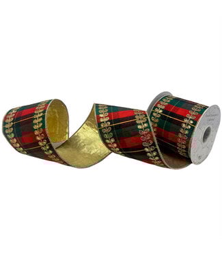 4” x 10yd Gold Leaf Embroidery on Traditional Plaid Dupion Ribbon