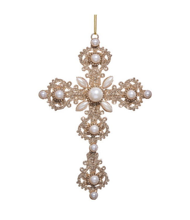 6.5" Glitter and Pearl Cross Ornament