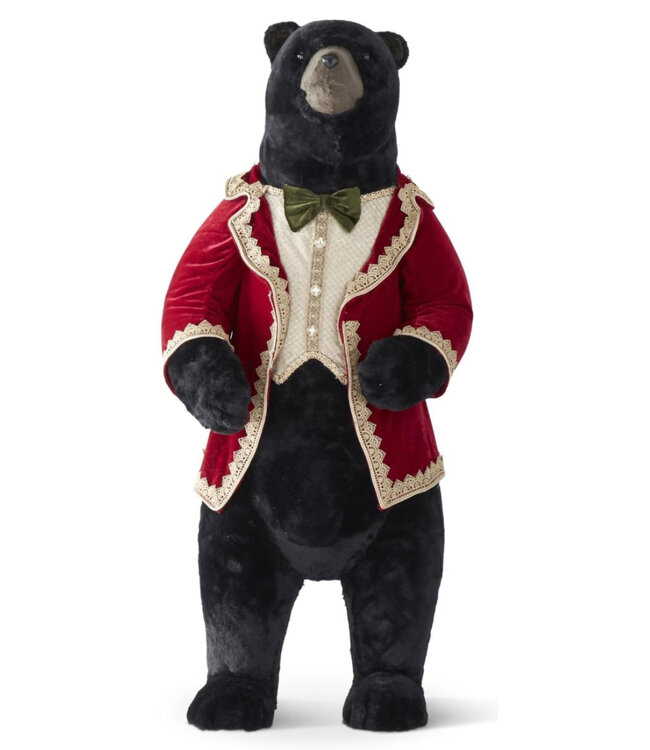 45.75" Standing Bear in Burgundy & Gold Velvet Coat w/Green Bow Tie