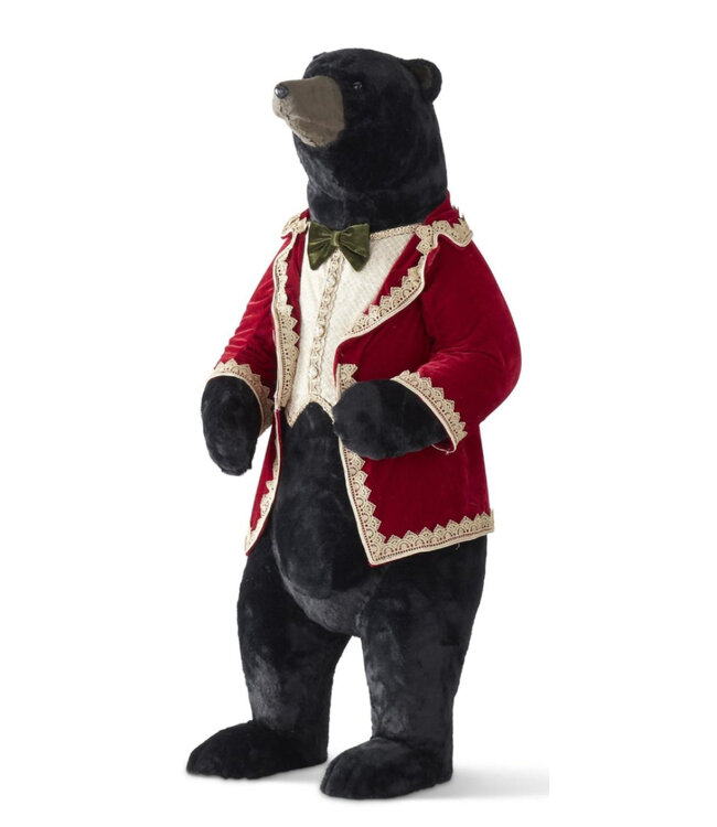45.75" Standing Bear in Burgundy & Gold Velvet Coat w/Green Bow Tie