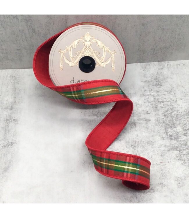 1.5" x 10yds Dupion Juniper Plaid Metallic Gold Thread, Dark Green Moss Green Red