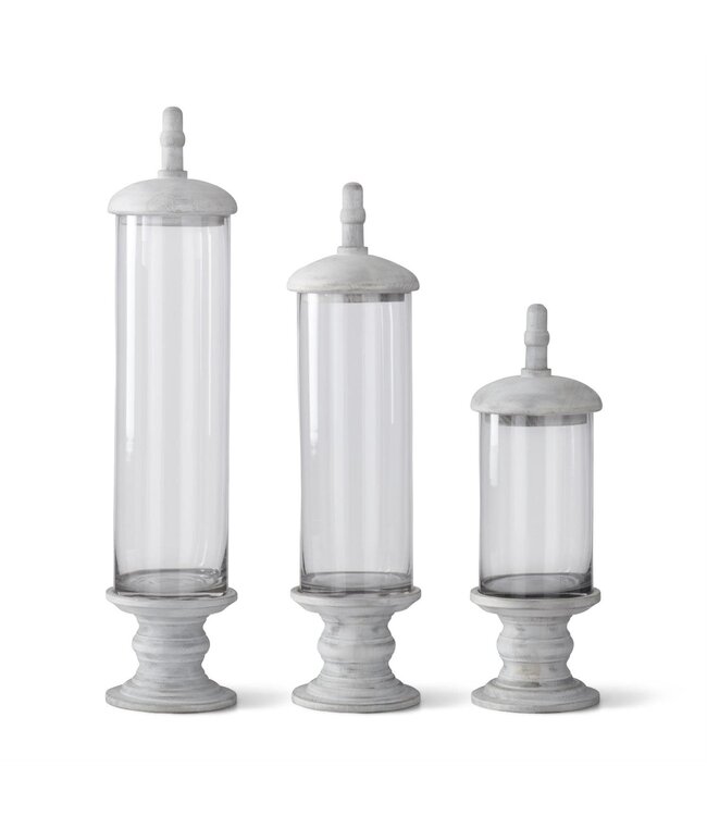 Glass Cylinder Containers with White Wood Base Pedestal & Top
