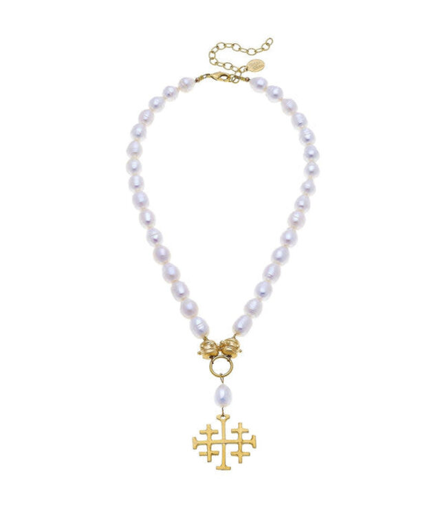 SUSAN SHAW Large Jerusalem Cross Freshwater Pearl Necklace