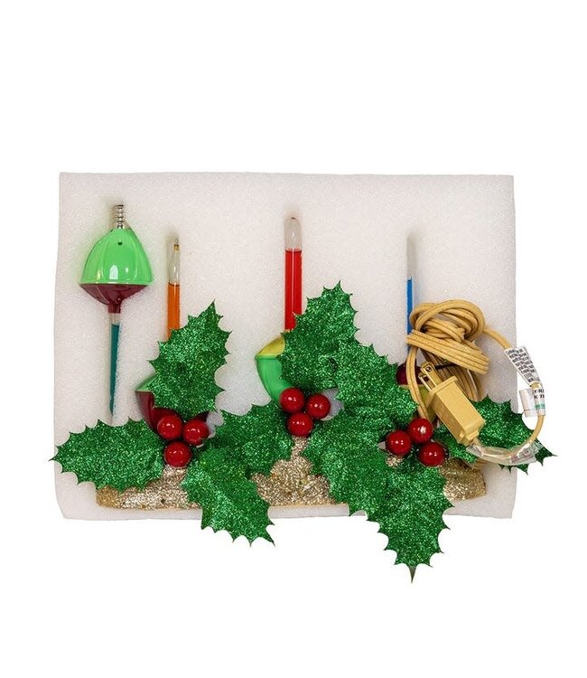 6.9" Holly Berry & Greenery With Gold Base Three Bubble Light Table Piece