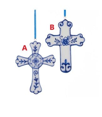 4" Porcelain Delft Blue Cross Ornament - Sold Individually