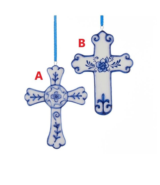 4" Porcelain Delft Blue Cross Ornament - Sold Individually