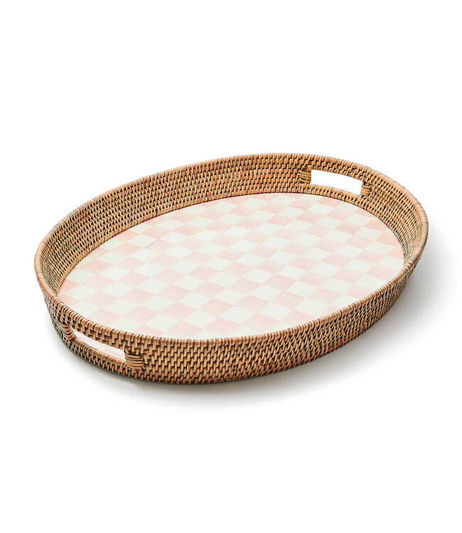 MACKENZIE CHILDS Rosy Check Enamel & Rattan Party Tray