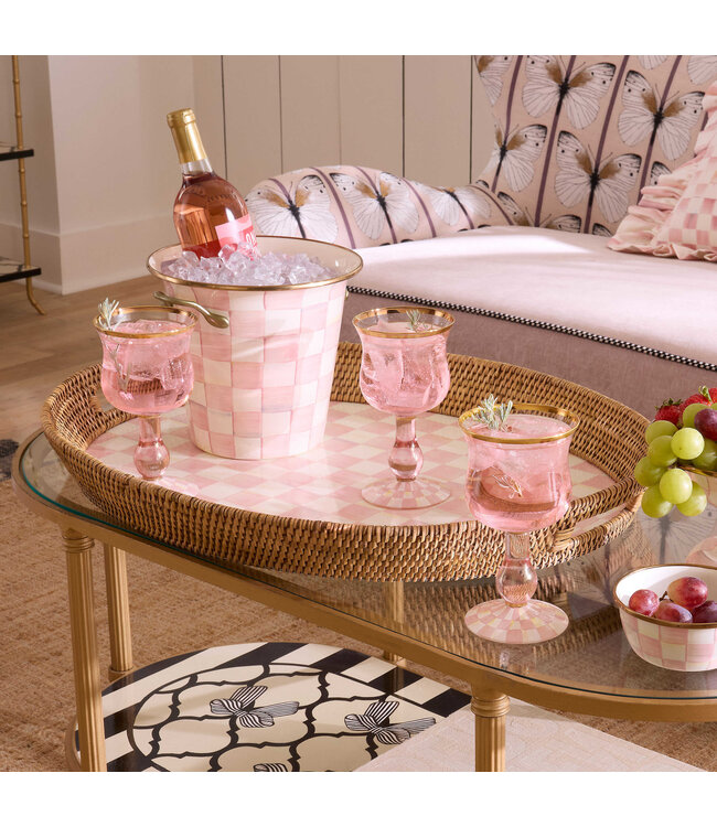 MACKENZIE CHILDS Rosy Check Enamel & Rattan Party Tray