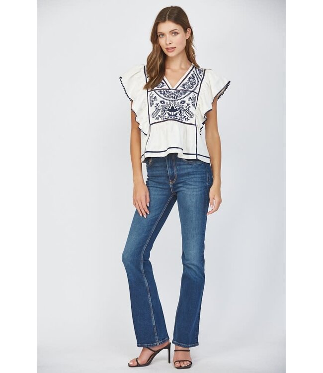 Danica Lace Insert Embroidered Flutter Sleeve Blouse