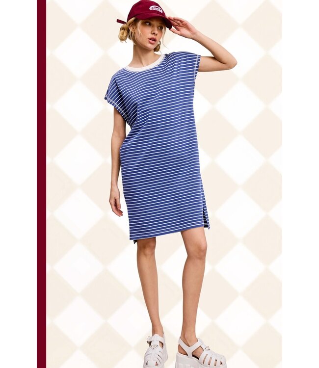 Uriel High Low Side Slit Striped T-Shirt Dress