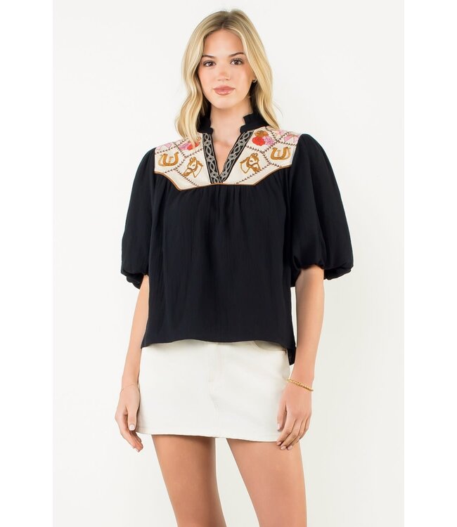 Gail Puff Sleeve Embroidery Detailed Neckline Top