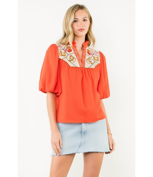 Gail Puff Sleeve Embroidery Detailed Neckline Top