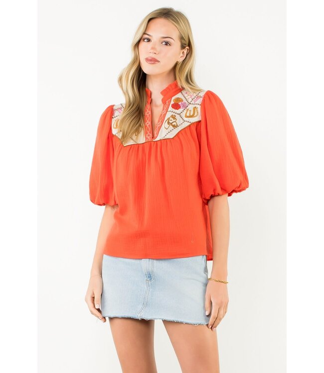 Gail Puff Sleeve Embroidery Detailed Neckline Top
