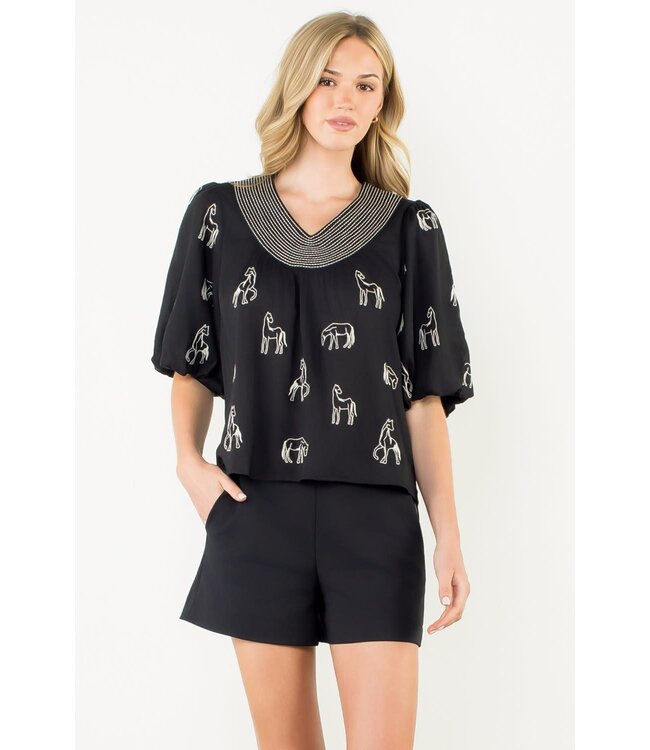 Abigail Embroidered Horse Puff Sleeve Top