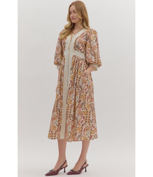 Mila Paisley Print Puff Sleeve Midi Dress