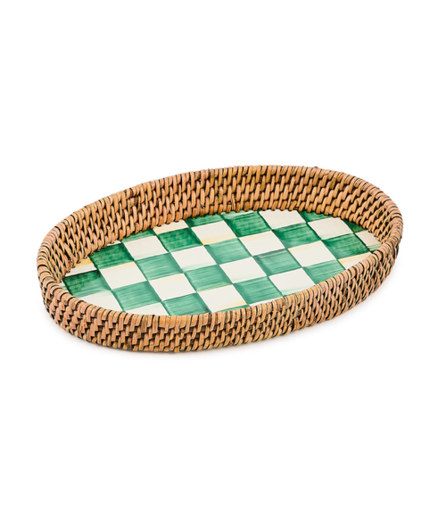 MACKENZIE CHILDS Emerald Check Enamel & Rattan Small Tray