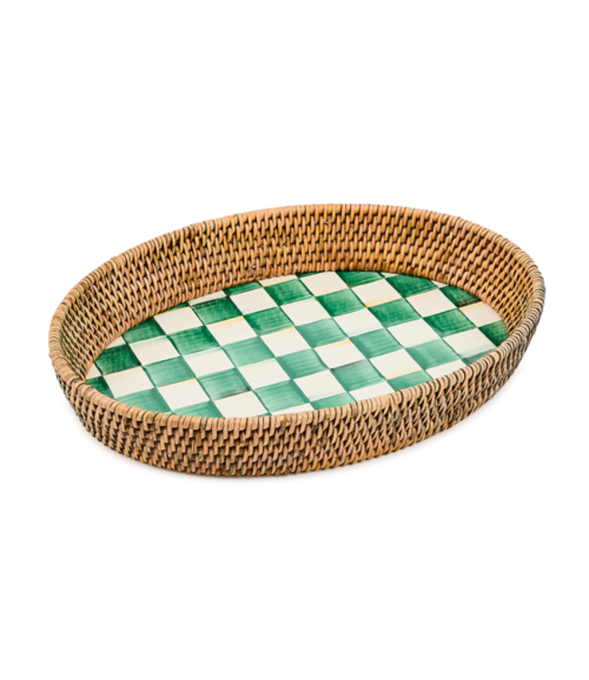MACKENZIE CHILDS Emerald Check Enamel & Rattan Large Tray