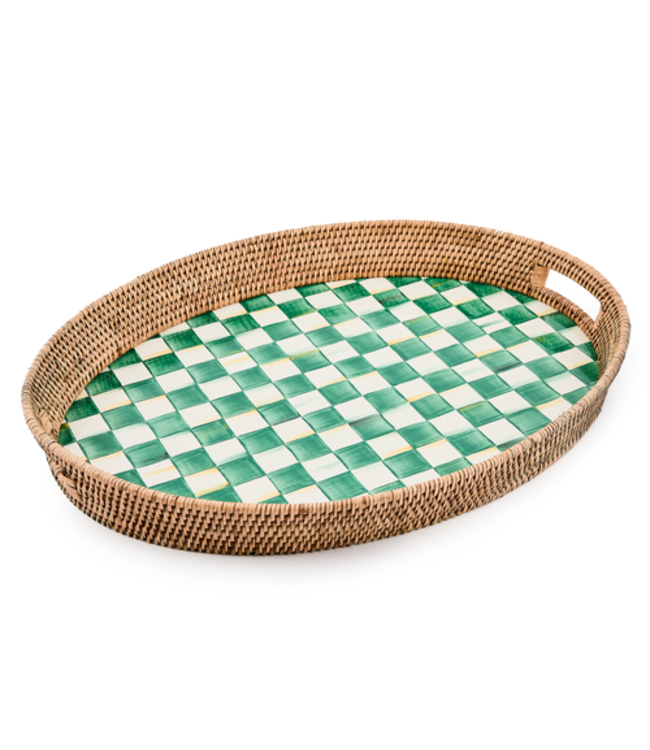 MACKENZIE CHILDS Emerald Check Enamel & Rattan Party Tray