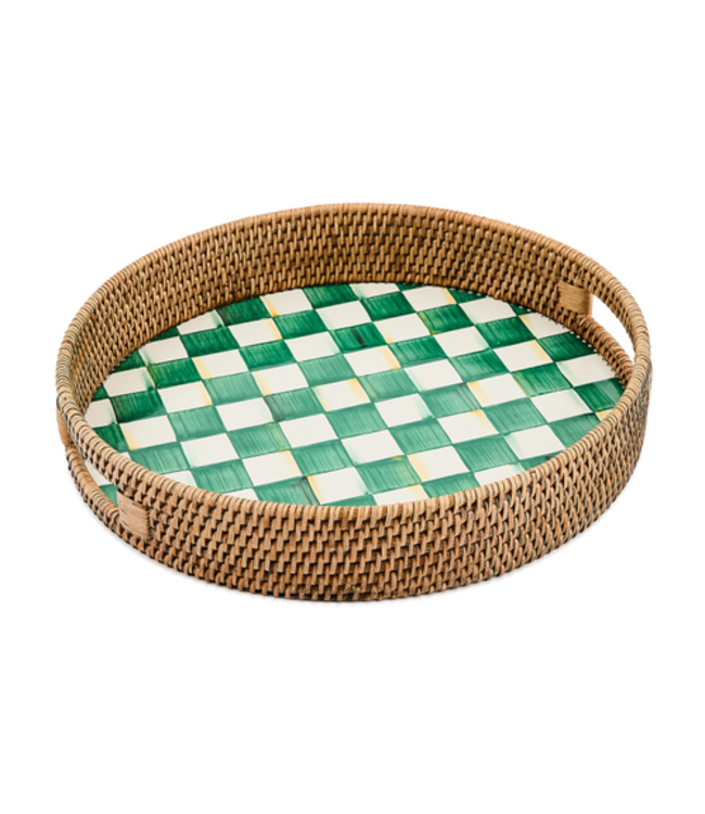 MACKENZIE CHILDS Emerald Check Enamel & Rattan Round Serving Tray