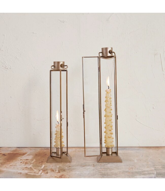 Metal & Glass Lantern Taper Holder, Gold Finish Large