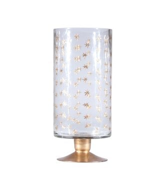 Hand-Painted Etched Glass Footed Hurricane with Starbust Pattern