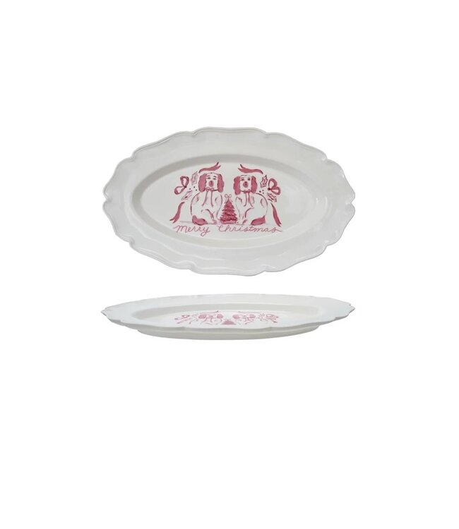 Stoneware Scalloped Platter with Staffordshire Dogs