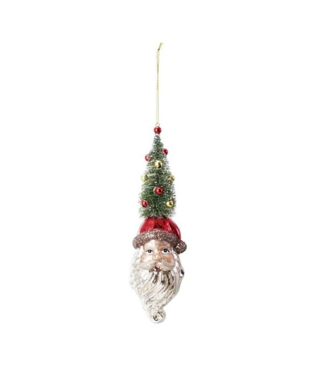 Mercury Glass Santa Head Ornament with Bottle Brush Tree & Glitter